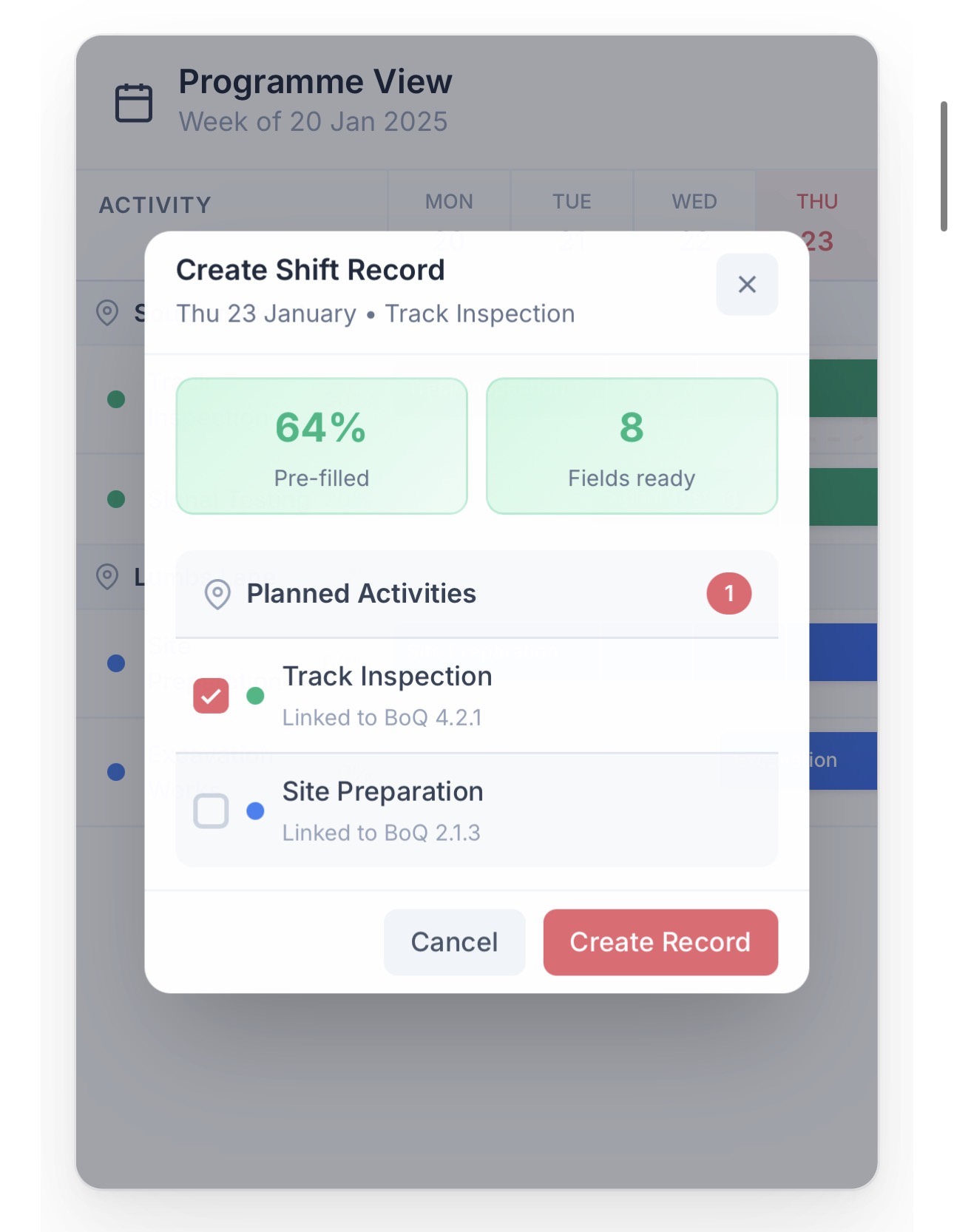 Gather Create Shift Record dialog showing pre-filled fields and planned activities